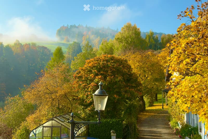 A serene garden path lined with autumn foliage, featuring a classic street lamp and a small greenhouse on the left side.