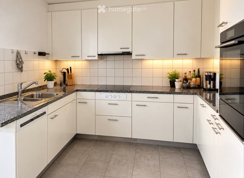 Modern kitchen with white cabinets, granite countertops, stainless steel appliances, and various kitchen items including a coffee maker, knife block, and potted plants.