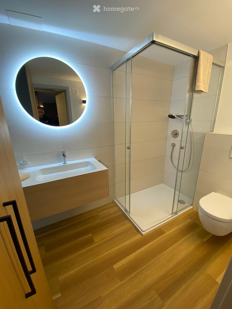 Modern bathroom with wooden flooring, a glass-enclosed shower, a sink with a wooden cabinet, a round illuminated mirror, and a toilet.
