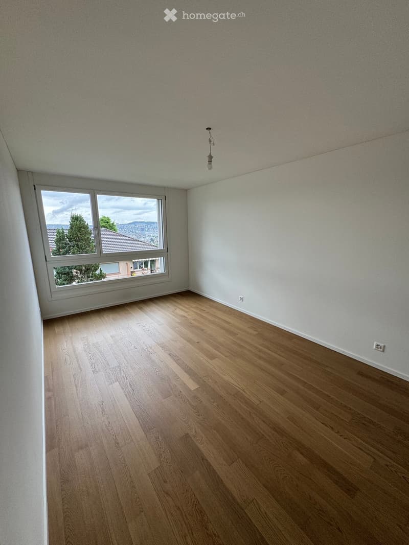 Empty room with wooden flooring, white walls, and a large window offering a view of the outside. A single light fixture hangs from the ceiling.