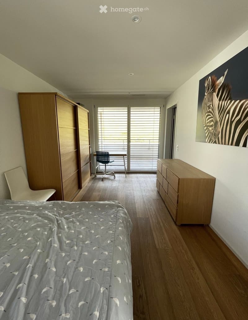 Modern bedroom with a large bed, wooden wardrobe, desk with chair, dresser, and a large zebra print on the wall. The room features wooden flooring and large windows with blinds.