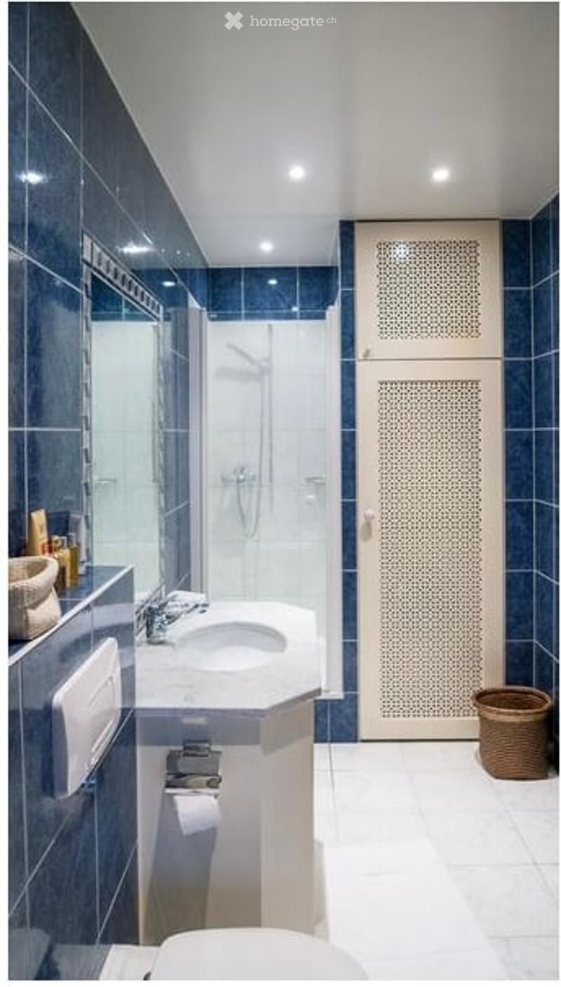 Modern bathroom with blue tiles, white countertop, sink, mirror, toilet, and shower area.