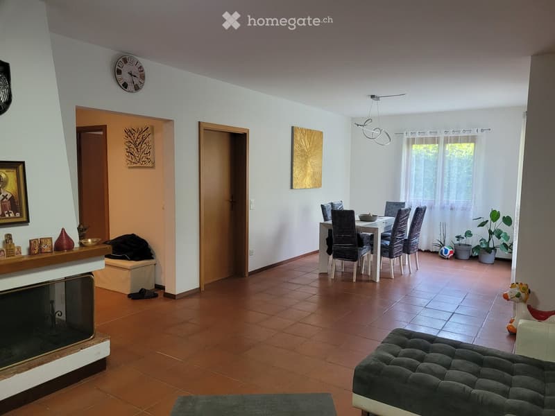 A well-lit living and dining area with a fireplace, sofa, dining table, chairs, and decorative items.