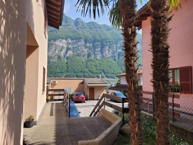 Balcony overlooking a scenic mountain view with palm trees, parked cars, and neighboring houses.