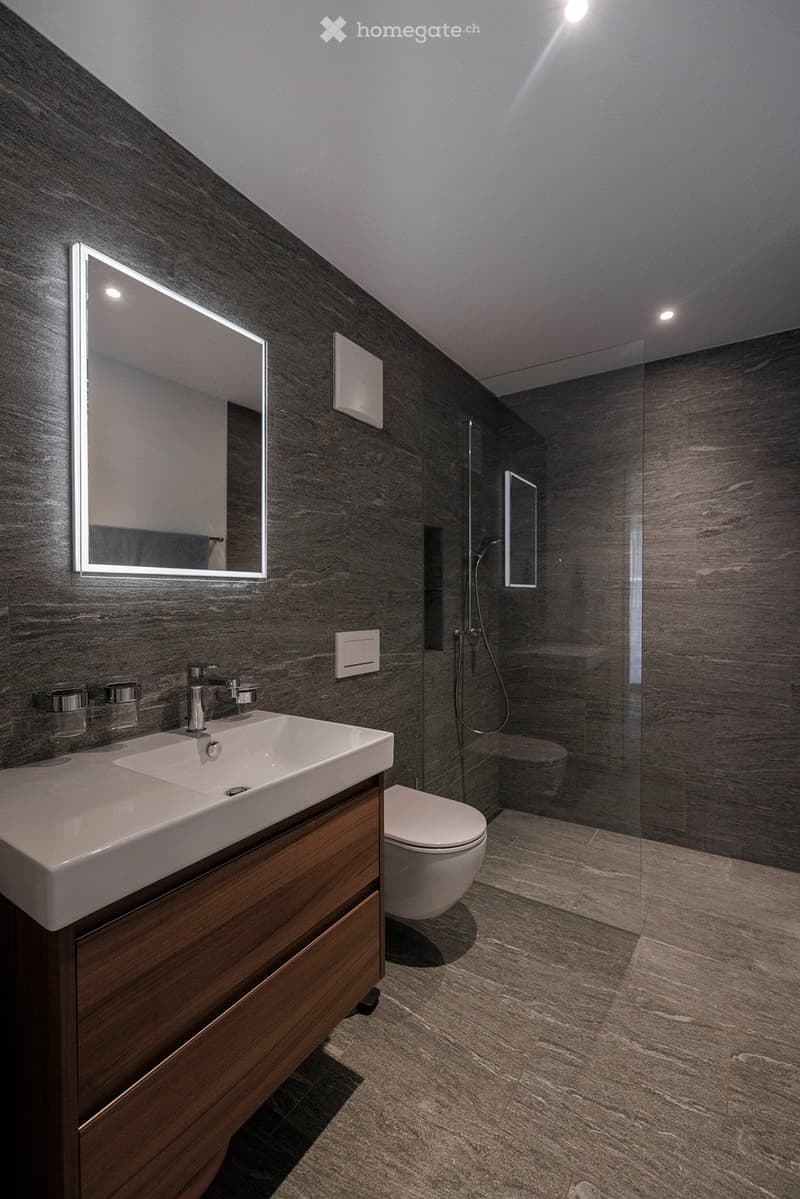 Modern bathroom with dark wood walls, a white sink with wooden cabinet, a toilet, a large mirror, and a glass-enclosed shower area.
