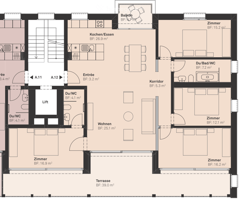 Floor plan of a multi-room apartment including living area, kitchen, bedrooms, bathrooms, entrance, hallway, and balcony.