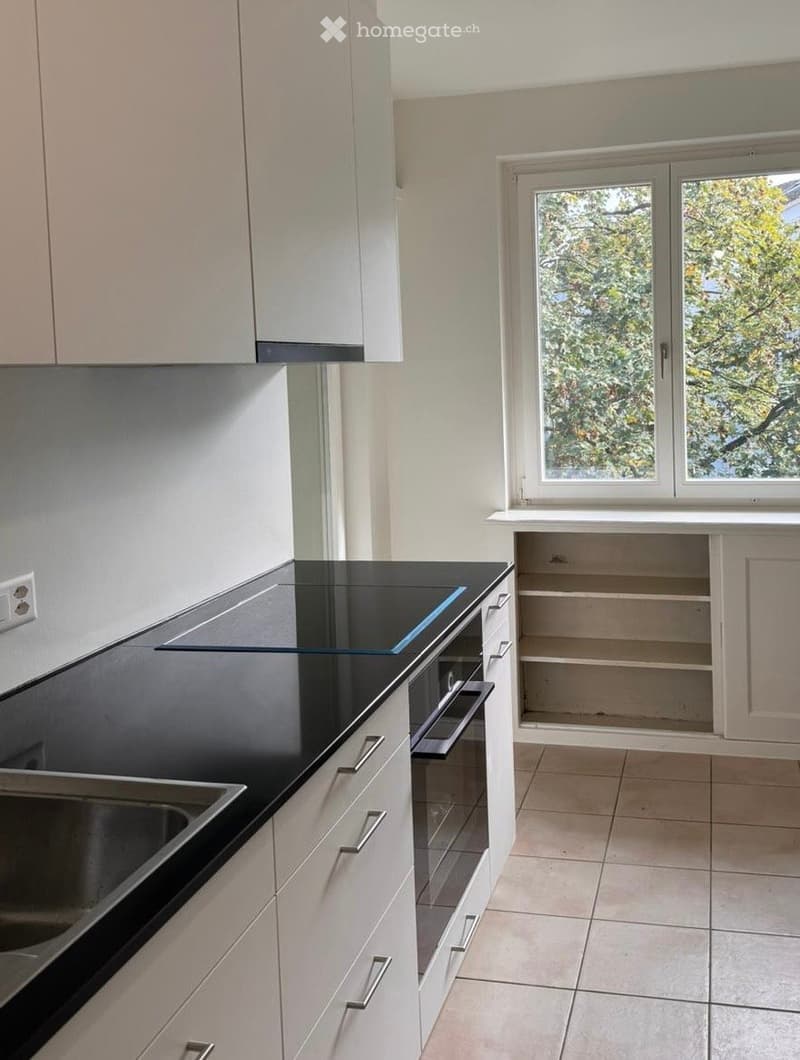 Modern kitchen with white cabinets, black countertop, stainless steel sink, and built-in oven. Large window provides natural light.