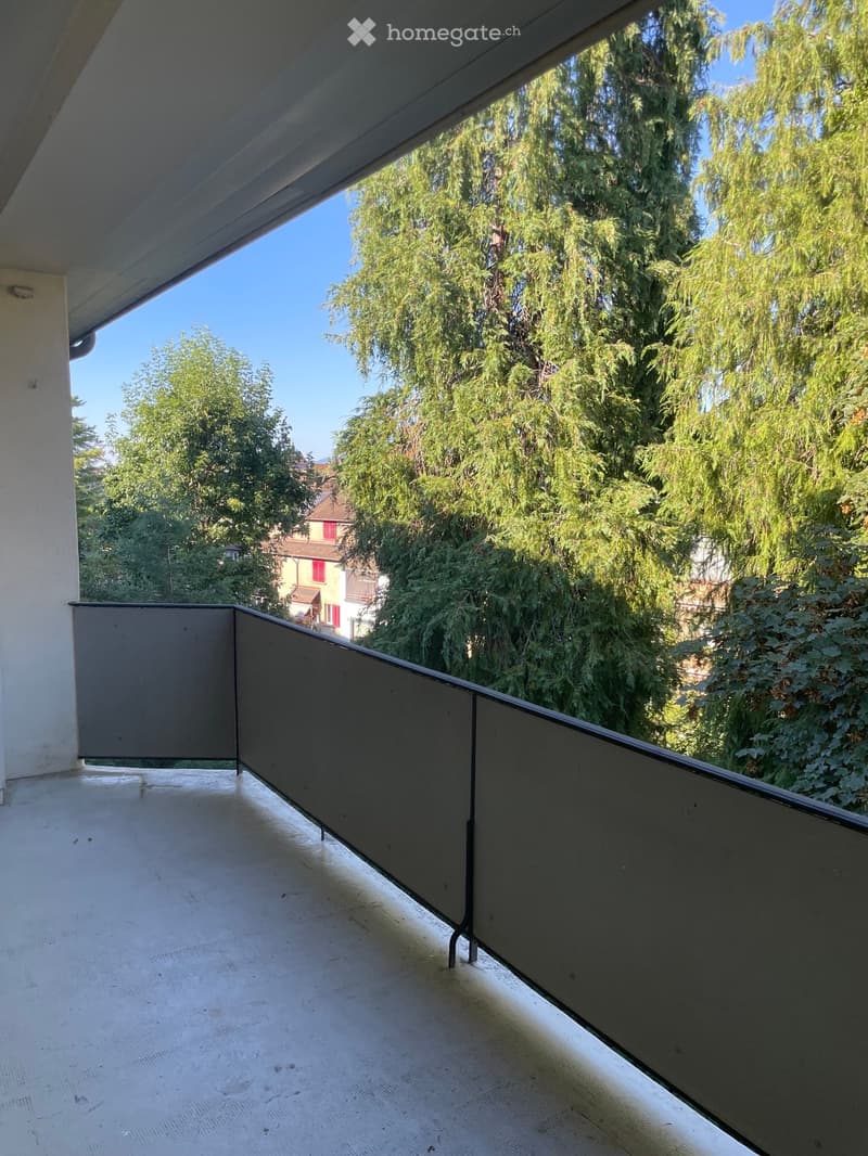 Balcony with grey metal railing, concrete floor, and a view of trees and a house in the background.