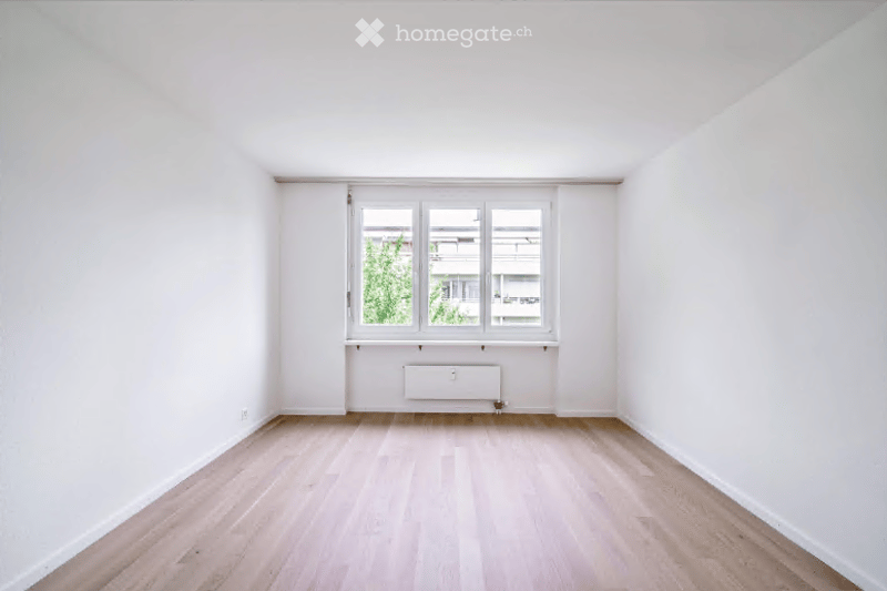 Completely empty room with white walls, light wooden flooring, and a large window with white frame and multiple panes.