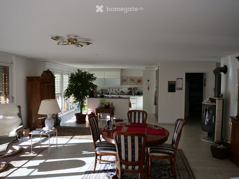 Bright, open living and dining area with a sofa, dining table, chairs, lamp, cabinet, fireplace, and a kitchen area with a sink, fridge, and countertop.