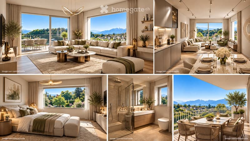 A collage of modern, well-furnished rooms including a living room, kitchen, bedroom, bathroom, and balcony, all featuring large windows with scenic mountain views.