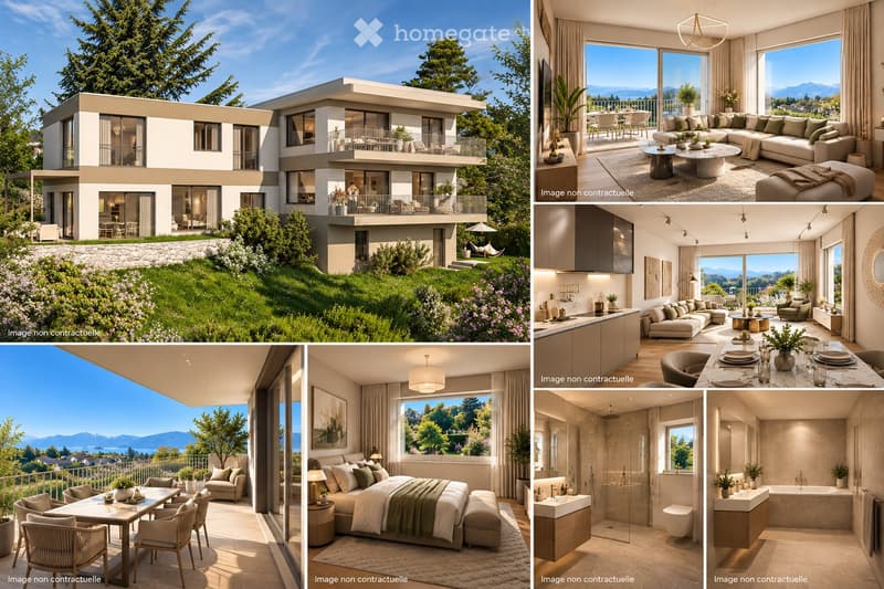 Modern two-story house with large windows, balconies, and scenic mountain views. Interiors include a living room with a sofa, dining area, kitchen, bedroom, and bathroom.