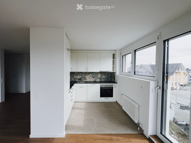 Modern kitchen with white cabinets, a black countertop, and a built-in oven. The space features large windows and a radiator along one wall.