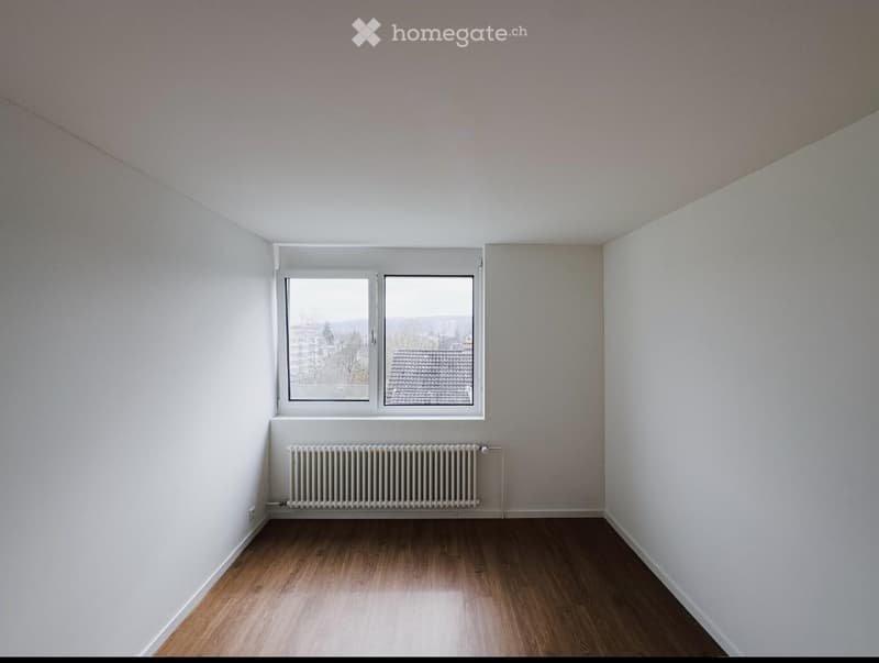 Empty room with light-colored walls, wooden flooring, a single window with white frame, and a radiator below the window.