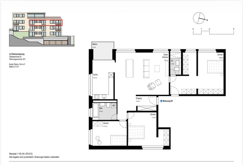 Floor plan of a 4.5-room apartment on the second floor, including a kitchen, bathroom, living area, and three bedrooms, with a balcony.