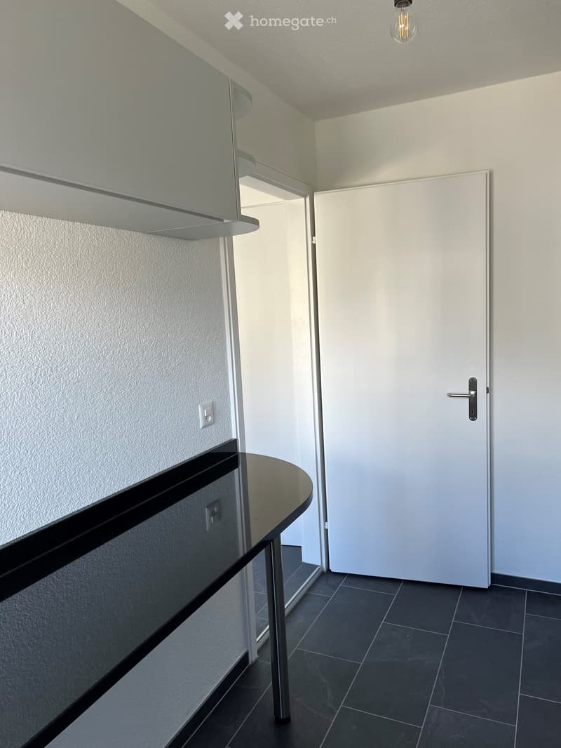 Modern hallway with white walls, dark tiled floor, glass railing, and a closed white door.