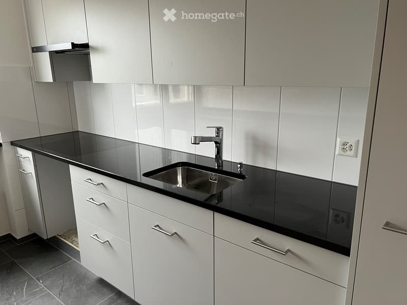 Modern kitchen with white cabinets, black countertops, and a stainless steel sink.