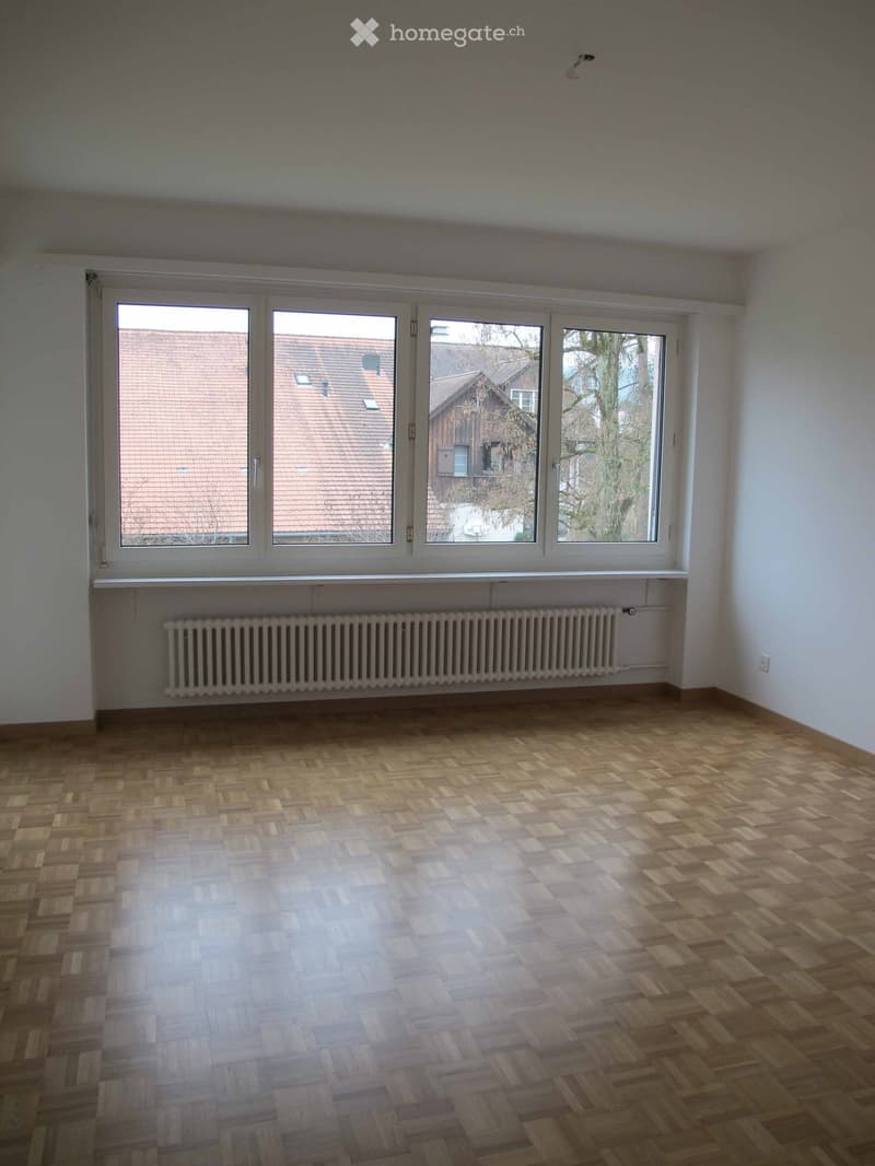 Empty room with wooden herringbone flooring, white walls, large windows, radiator, and visible ceiling light fixture.