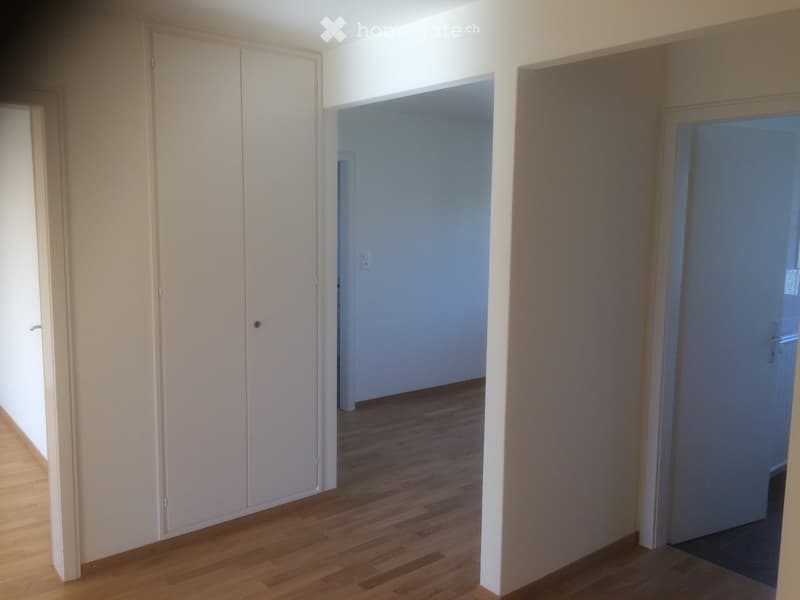 Empty hallway with wooden flooring, white walls, and multiple doors leading to other rooms.