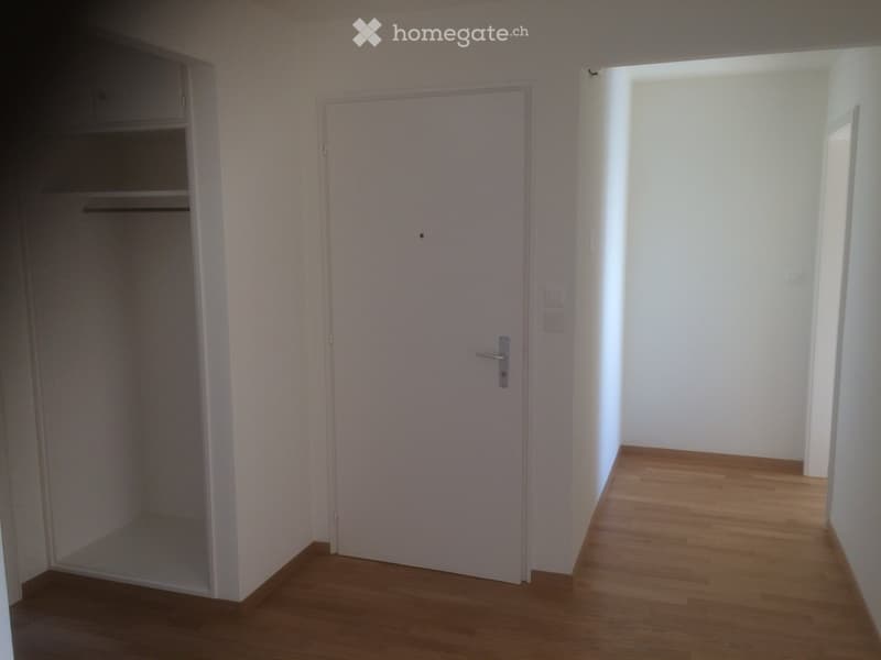 Empty hallway with wooden flooring, white walls, and a closed door leading to another room.