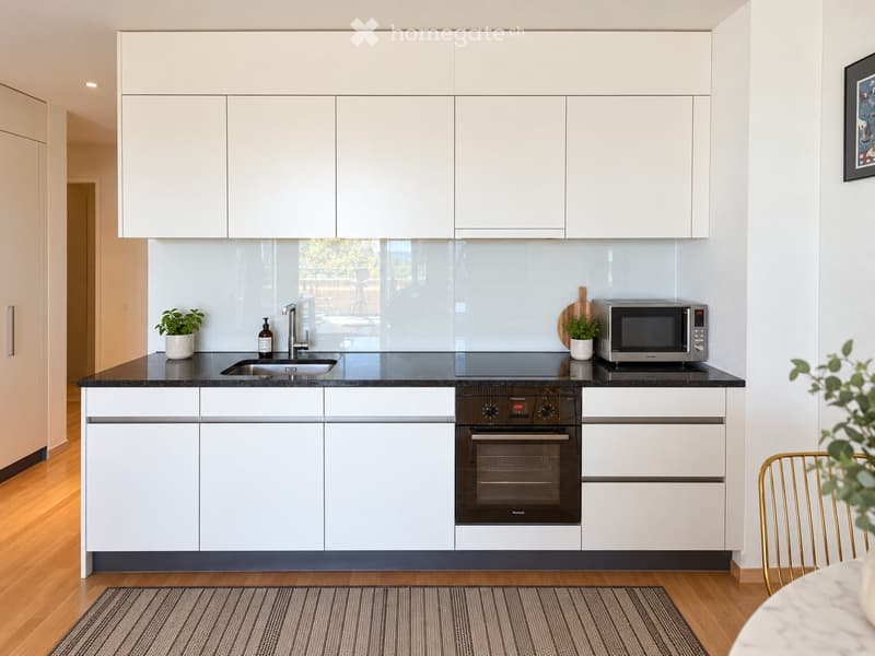 Modern kitchen with white cabinets, black countertops, stainless steel appliances, and a sleek design.