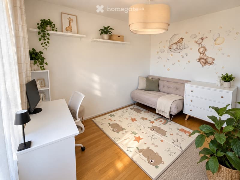 A cozy, well-lit room with a sofa, a desk with a chair, a lamp, and decorative plants. The walls feature playful animal-themed decals, and the floor has a patterned rug with animal designs.