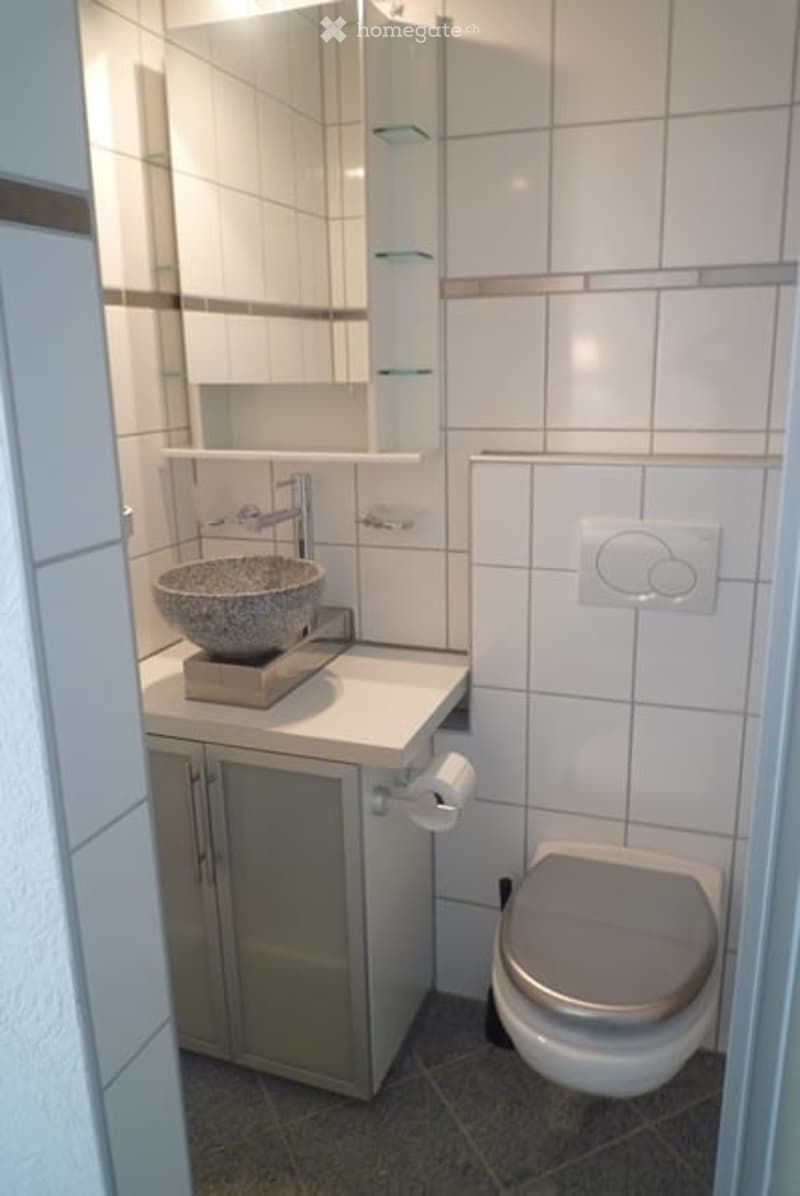 Modern bathroom with white tiled walls, a stone sink, a mirror, a toilet, and a cabinet under the sink.