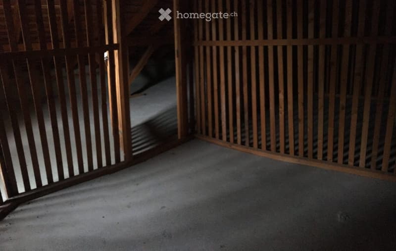 Empty room with wooden bunk bed partially visible behind a wooden gate, carpeted floor, and exposed wooden beams on the ceiling.