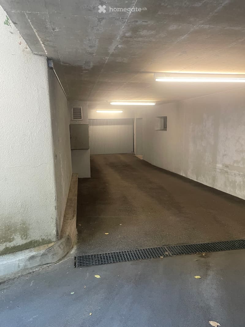Underground corridor with concrete walls, a metal gate at the end, and fluorescent lighting. The floor is dark and shows some debris.