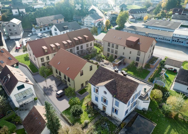 Aerial view of a residential area with multiple houses, some with brown roofs, some with yellow walls, surrounded by greenery and trees, with a car parked in front of one of the houses.