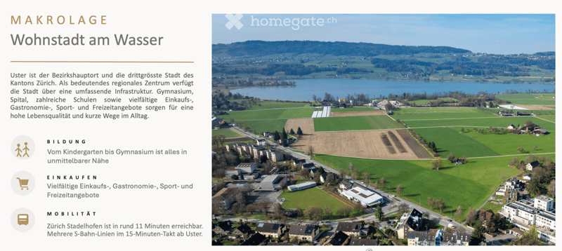 Aerial view of a town with residential buildings, green fields, and a lake in the background.