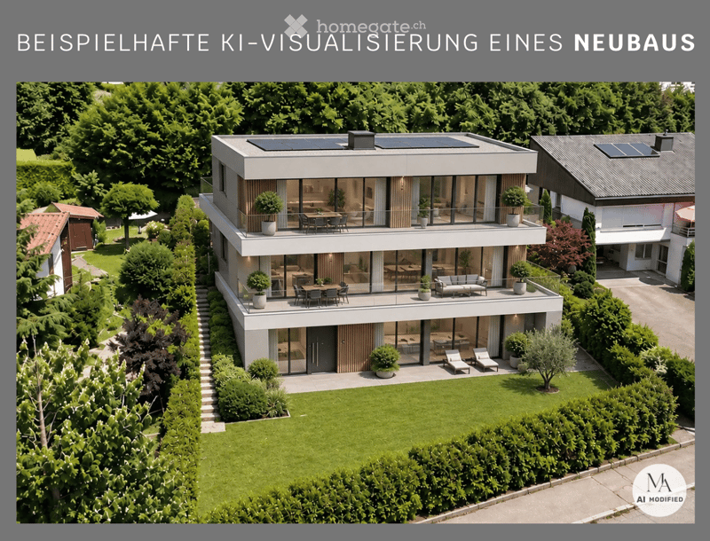 A modern two-story house with large glass windows, balconies, and a well-maintained garden. The house features solar panels on the roof and is surrounded by lush greenery.