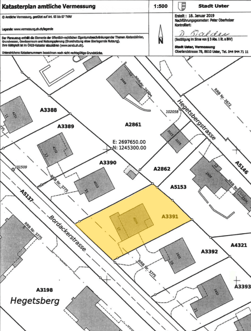 Official land survey map showing property boundaries and parcel numbers in the Hegetsberg area, with highlighted parcel A3391.