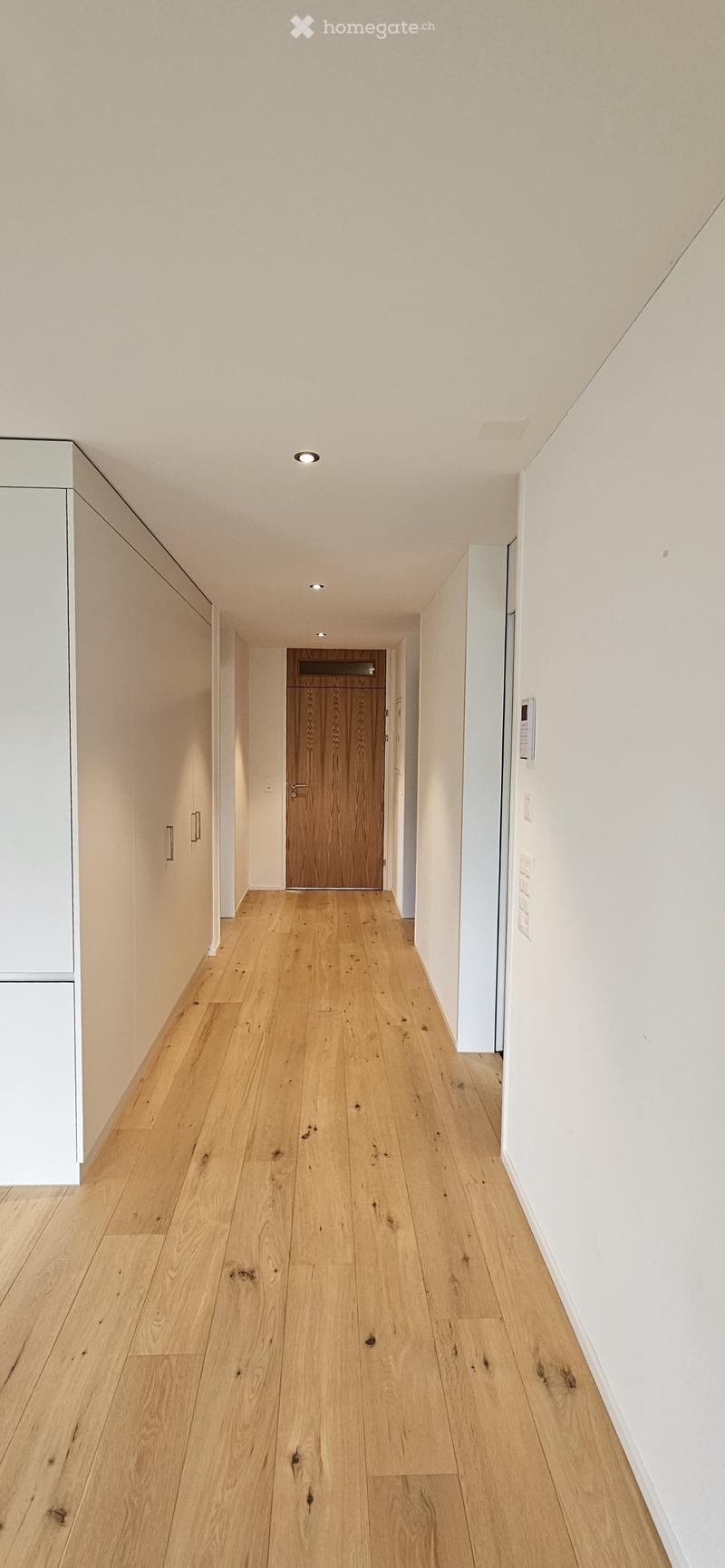 A modern hallway with light wooden flooring, white walls, and recessed ceiling lighting. Features built-in white cabinets on both sides and a central wooden door at the end.