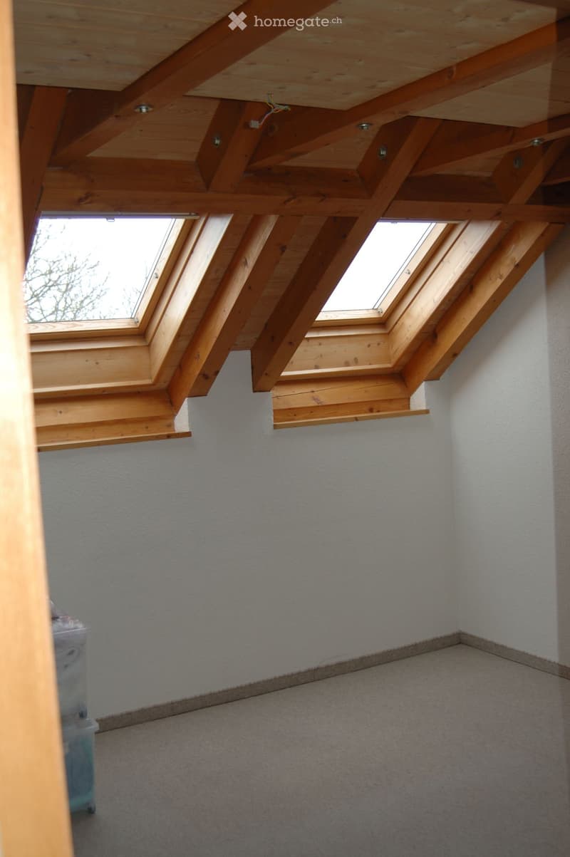 Empty attic space with exposed wooden beams, skylight windows, and carpeted floor.
