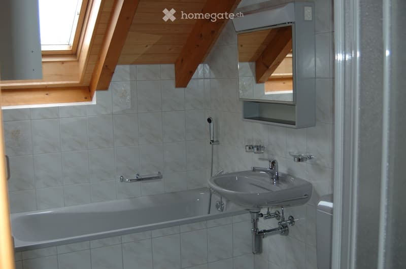 Bathroom with a bathtub, sink, mirror, and cabinet. The room features tiled walls and a wooden slanted ceiling with a skylight window.