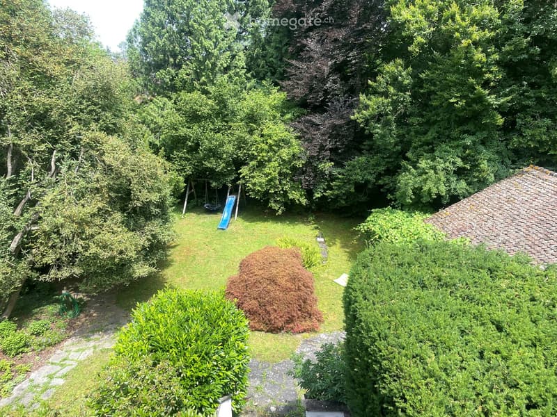 A well-maintained garden with a grassy lawn, a swing set, a slide, a large tree, and a pile of mulch in the center.