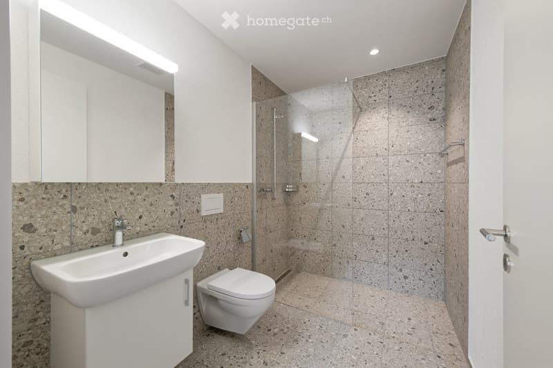 Modern bathroom with a white sink, toilet, large mirror, and a glass-enclosed shower area. The walls and floor are tiled with a speckled, stone-like pattern.