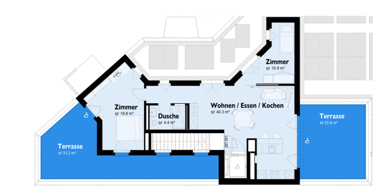 Floor plan showing a living/dining/kitchen area, two bedrooms, a bathroom, and two terraces.