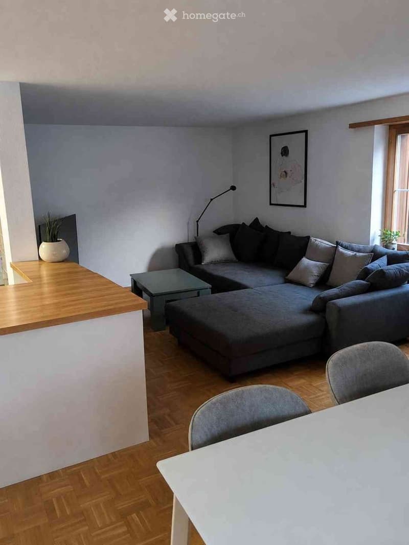 Modern living room with grey sectional sofa, coffee table, dining table with chairs, floor lamp, and decorative plant on a wooden sideboard.