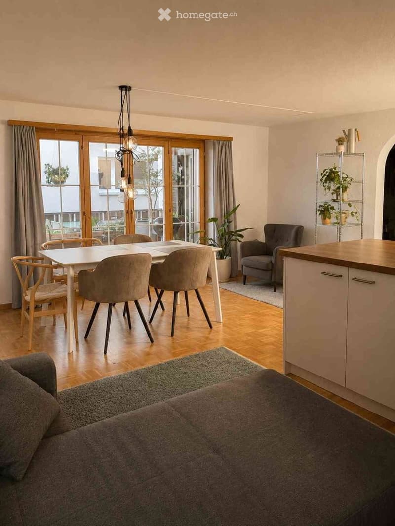 Modern open-plan living and dining area with a grey sofa, dining table with chairs, kitchen cabinetry, potted plants, and a shelf with decorative items.