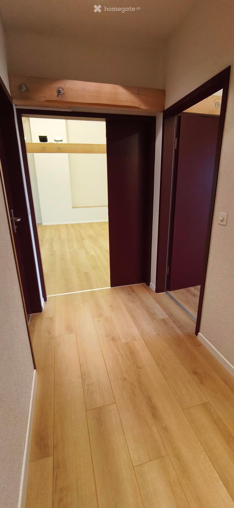 A clean, well-lit hallway with light wooden flooring and white walls. The hallway features several dark-colored doors and a small open area leading to another room.