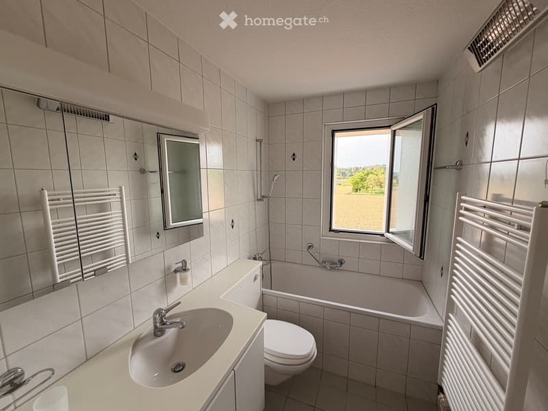 Modern bathroom with white tiles, a sink, toilet, bathtub, mirror, and radiators on both sides.