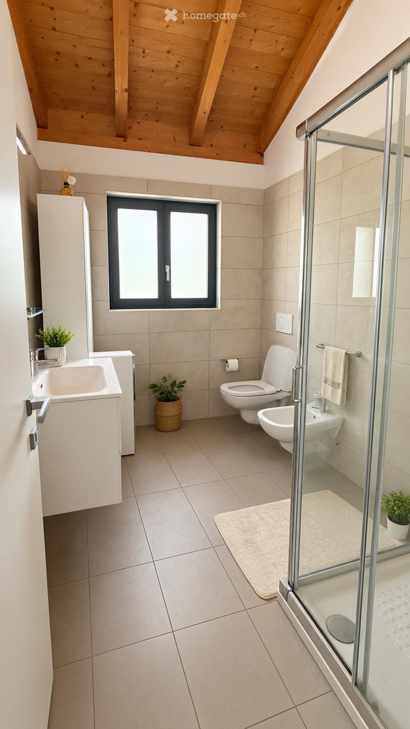 Modern bathroom with beige tiles, a white sink, toilet, bidet, and a glass-enclosed shower. Features a wooden slanted ceiling and a window with black frame.