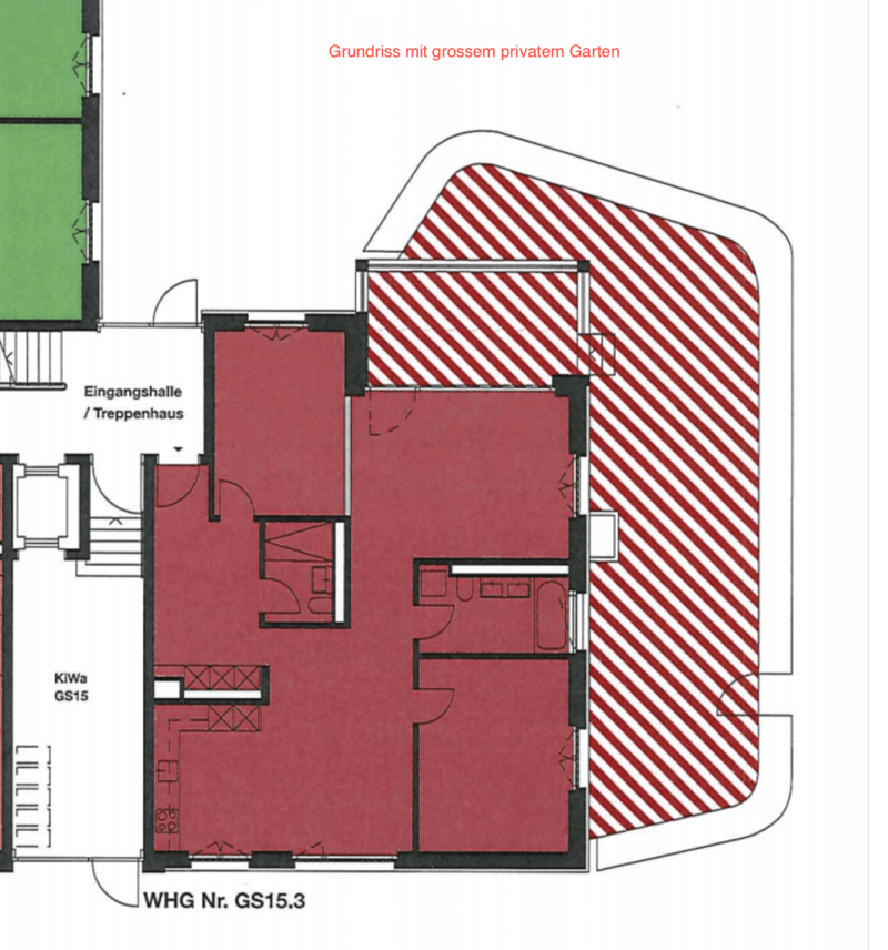 Floor plan showing a layout with a large private garden, entrance hall/staircase, and multiple rooms including a kitchen and living area.
