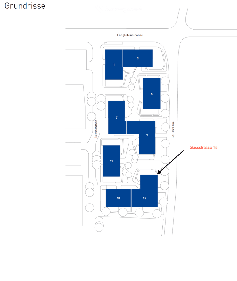 Floor plan showing multiple numbered buildings or units arranged around a central courtyard, with streets labeled Fangelenstrasse, Gussstrasse, and Solistrasse.