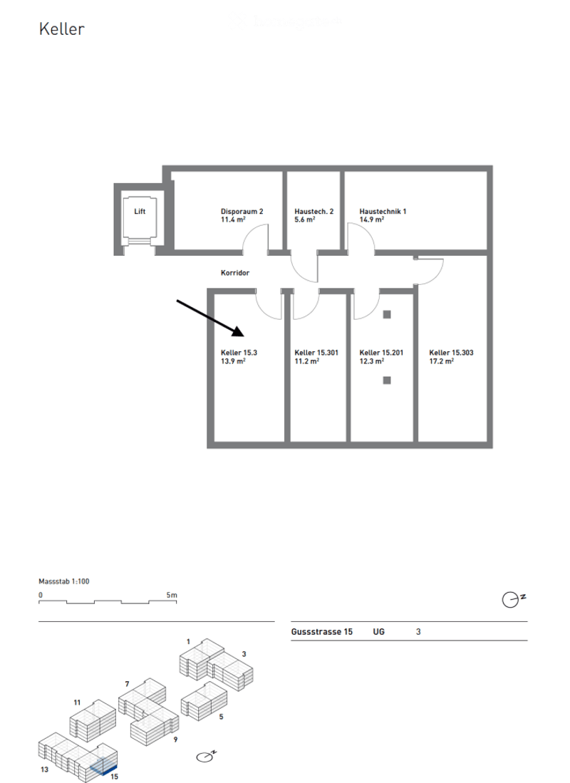 Floor plan of a basement level showing multiple rooms including a corridor, storage areas, technical rooms, and a lift.