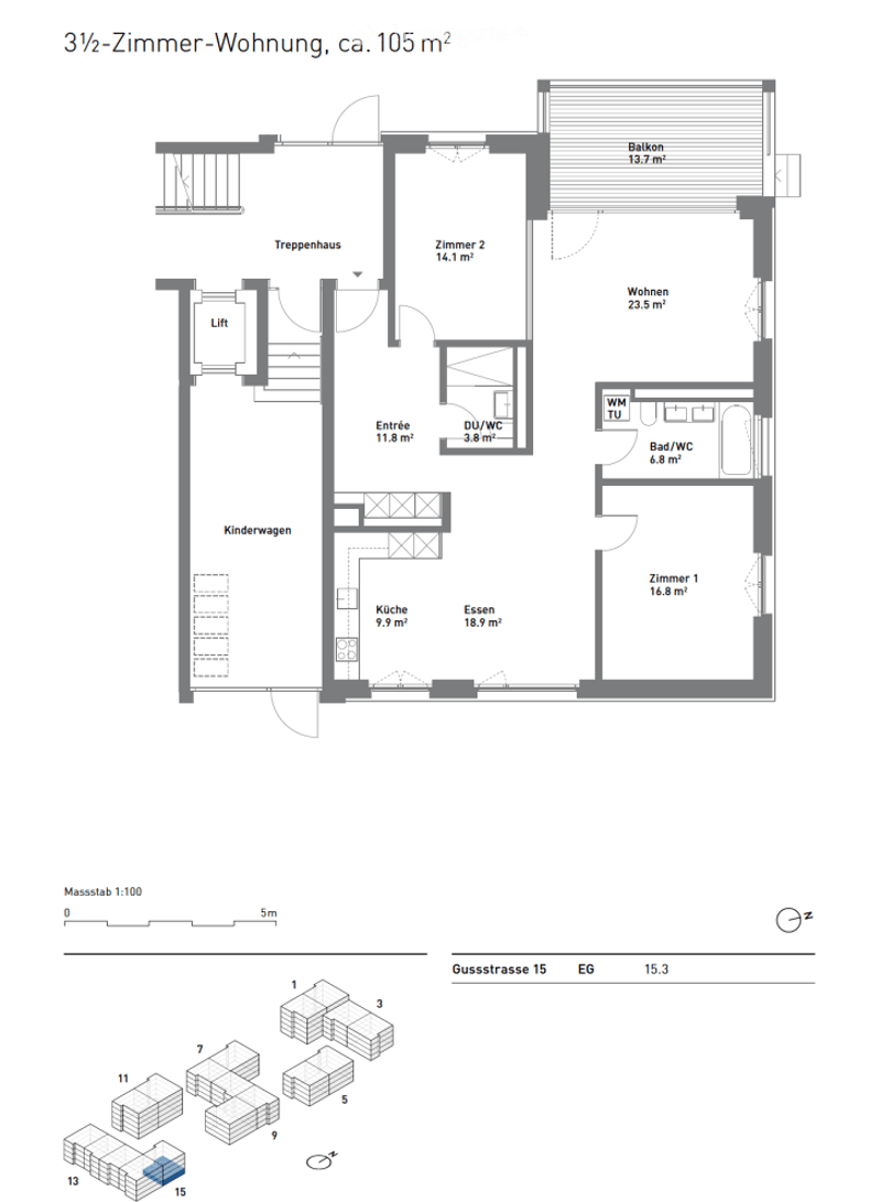 Floor plan of a 3.5-room apartment, approximately 105 m², featuring a living area, two bedrooms, kitchen, dining area, bathroom, and balcony.