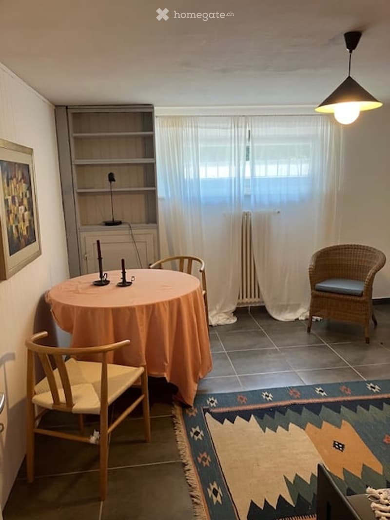 A cozy dining area with a round table covered in an orange tablecloth, surrounded by wooden chairs. A wicker chair with a cushion is placed near a large window with white curtains. A shelf unit with a lamp and picture frame is visible on the left side.