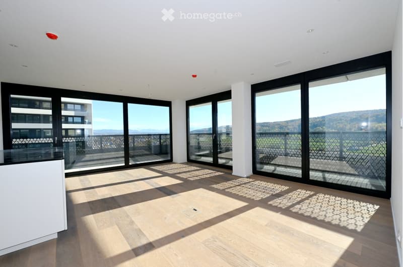 Bright, open room with large glass doors leading to a balcony, wooden flooring, and a scenic mountain view.